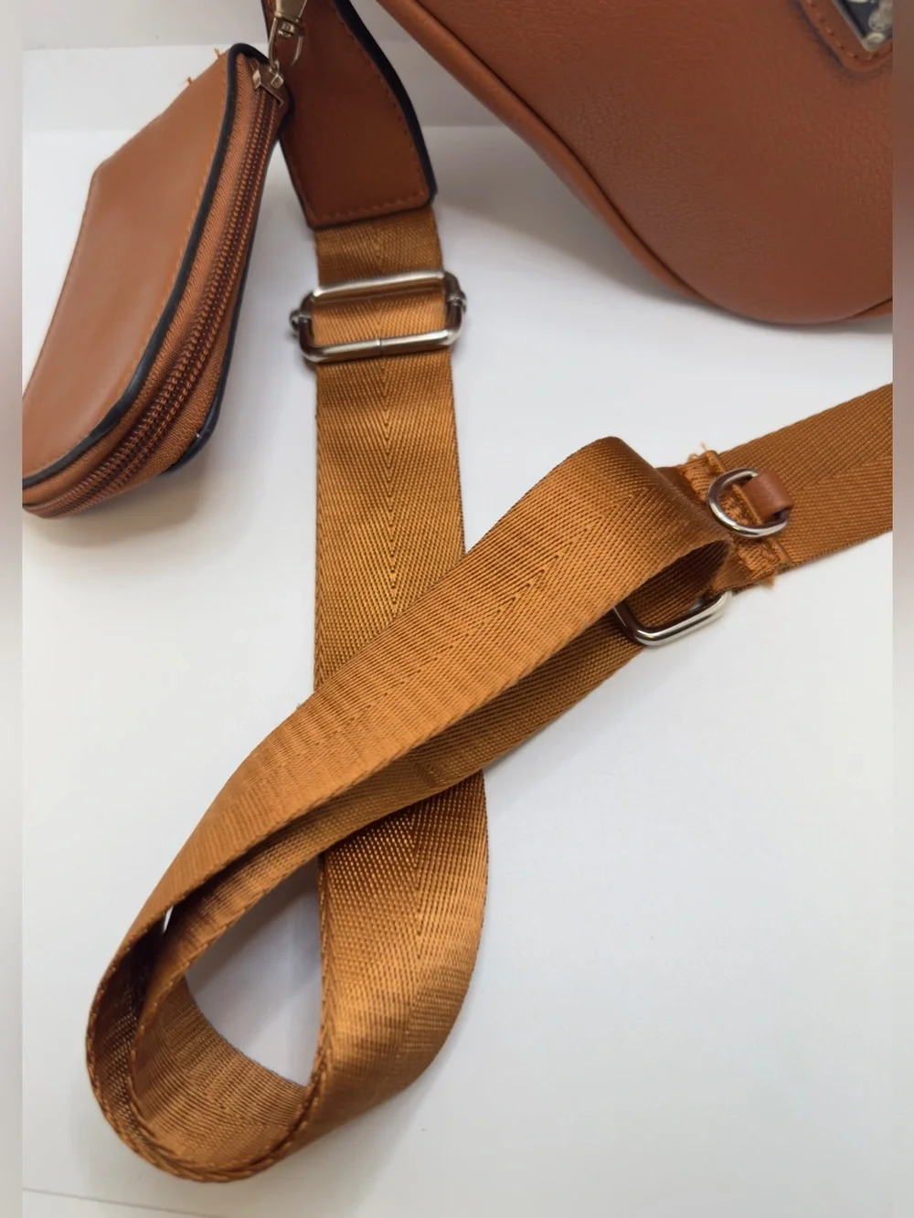 Designer-Inspired Brown Faux Leather Triangle Logo Crossbody Bag W/Pouch